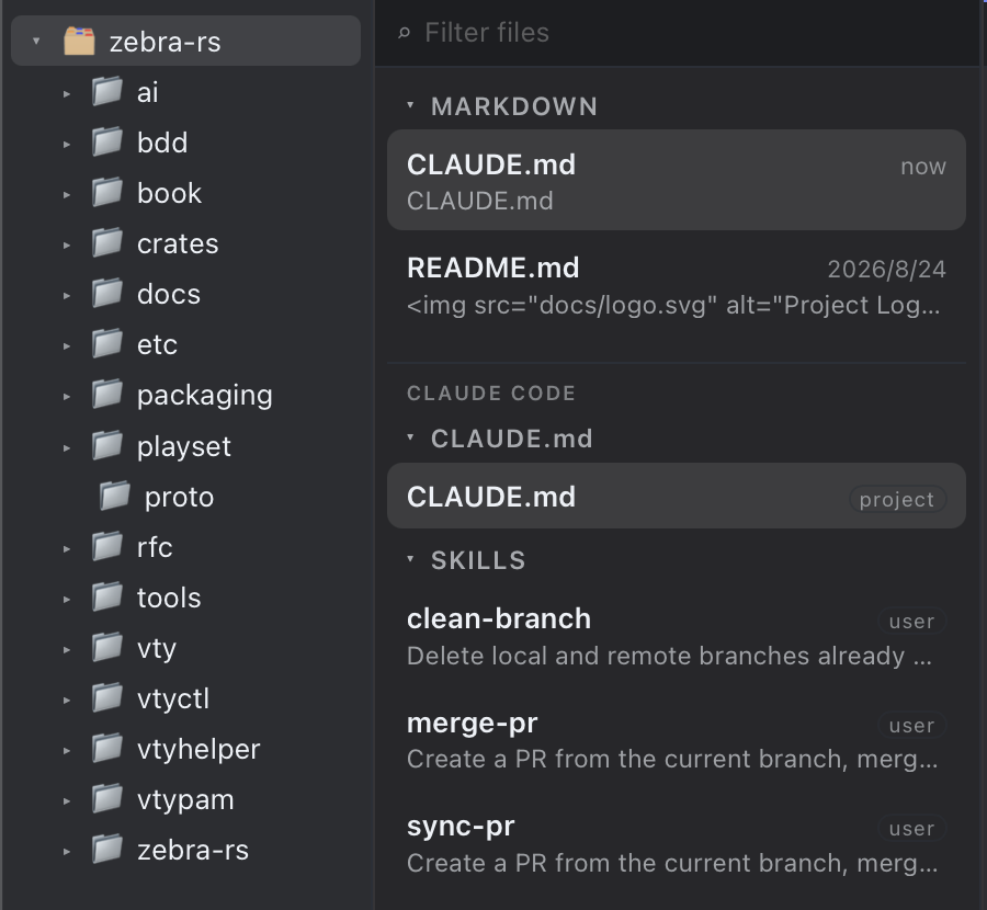 The sidebar listing the workspace's markdown files, then the CLAUDE CODE caption with CLAUDE.md badged project and a SKILLS section listing clean-branch, merge-pr, and sync-pr, each badged user.