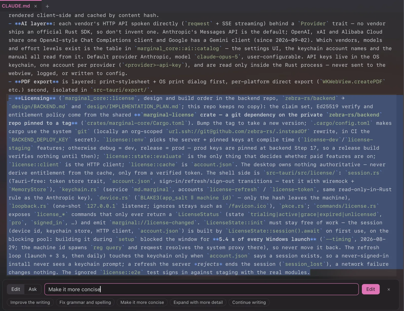 The ⌘K bar below the editor with a long selection highlighted and the prompt Make it more concise ready to send, next to presets such as Improve the writing and Fix grammar and spelling.