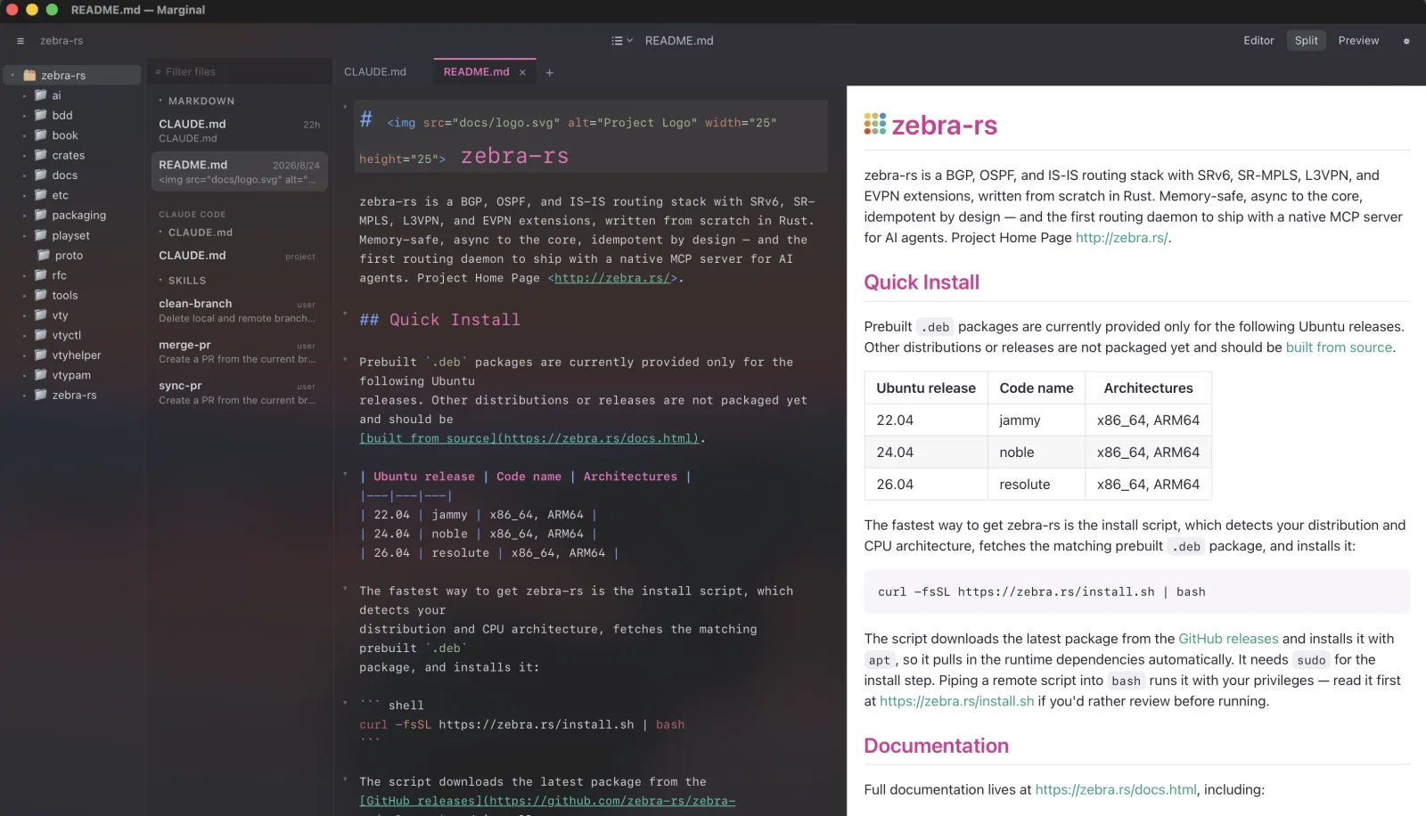 Marginal in split view on the zebra-rs workspace: the sidebar lists the folder tree, the markdown files, and the Claude Code sections with CLAUDE.md and skills; README.md is open in the editor with its preview beside it.