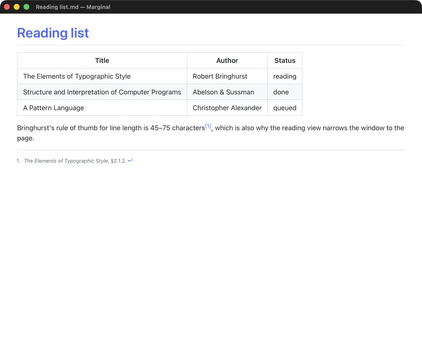 The reading view: a rendered document with a table and a footnote in a window with no editor chrome.
