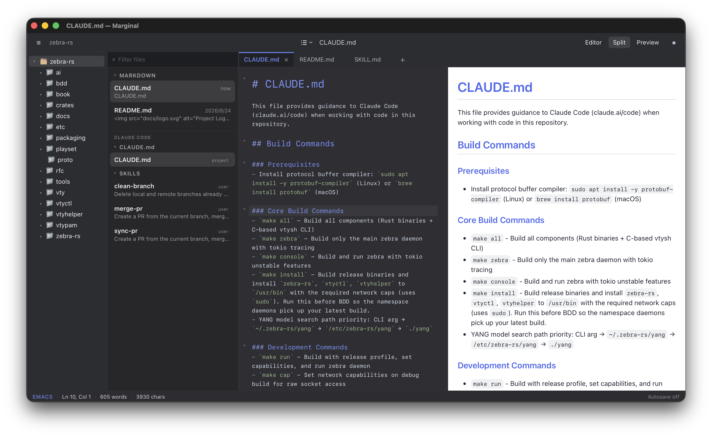 Marginal in split view on a zebra-rs workspace: the sidebar lists the folder tree, the markdown files, and the Claude Code sections CLAUDE.md and SKILLS; the editor and preview show CLAUDE.md side by side; the status bar shows the EMACS chip.