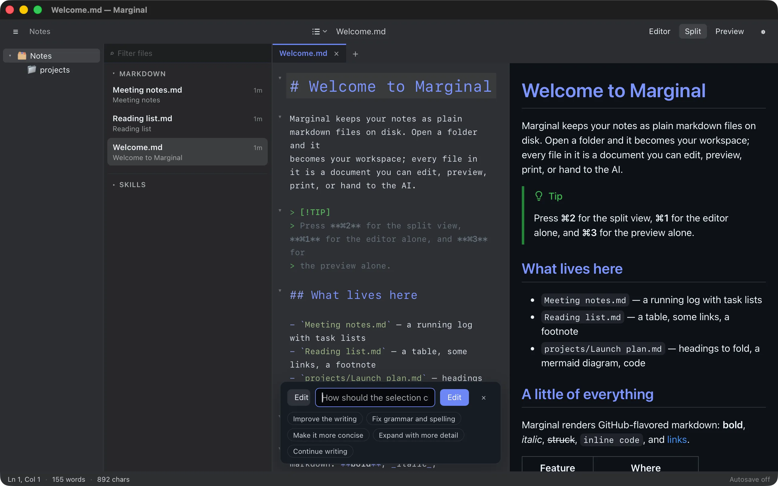 The AI bar in Edit mode below a highlighted selection, with an instruction field and preset buttons