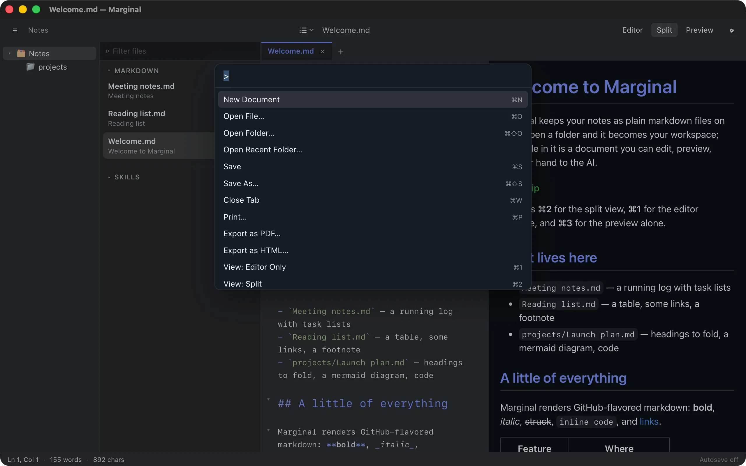 The command palette listing commands with their shortcuts