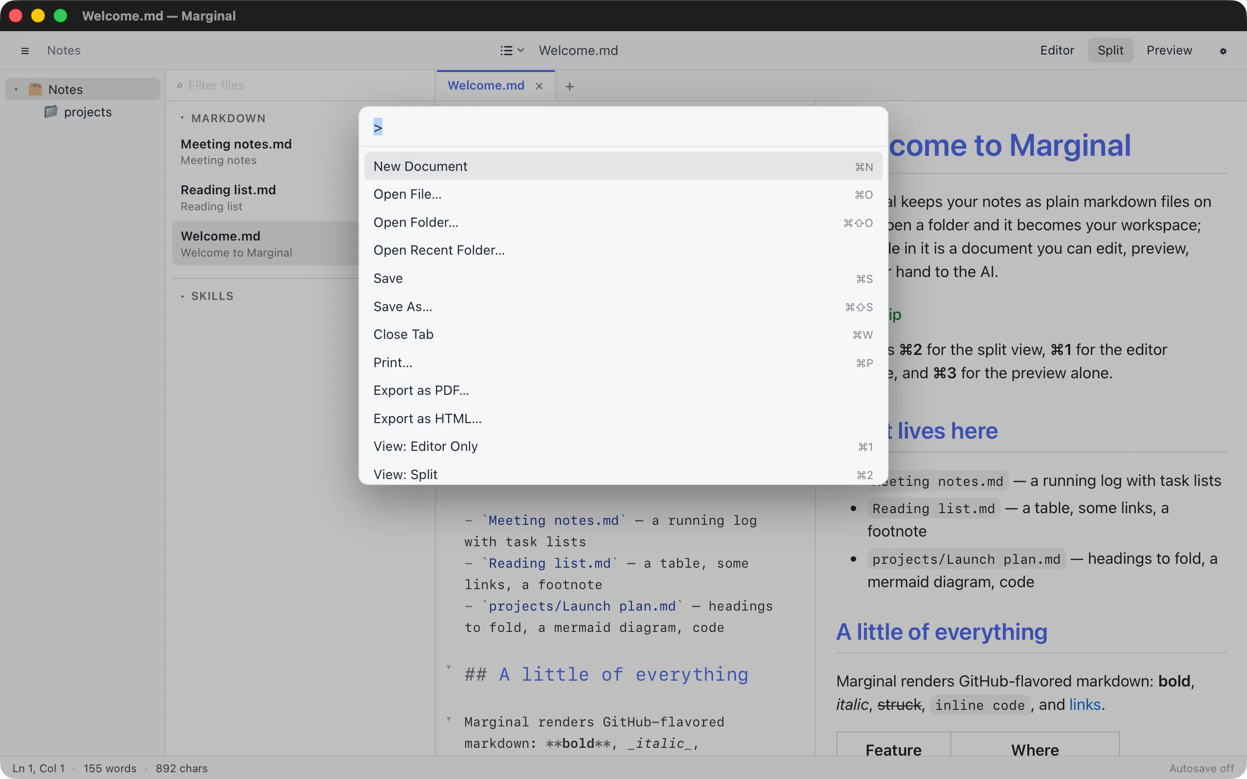 The command palette listing commands with their shortcuts