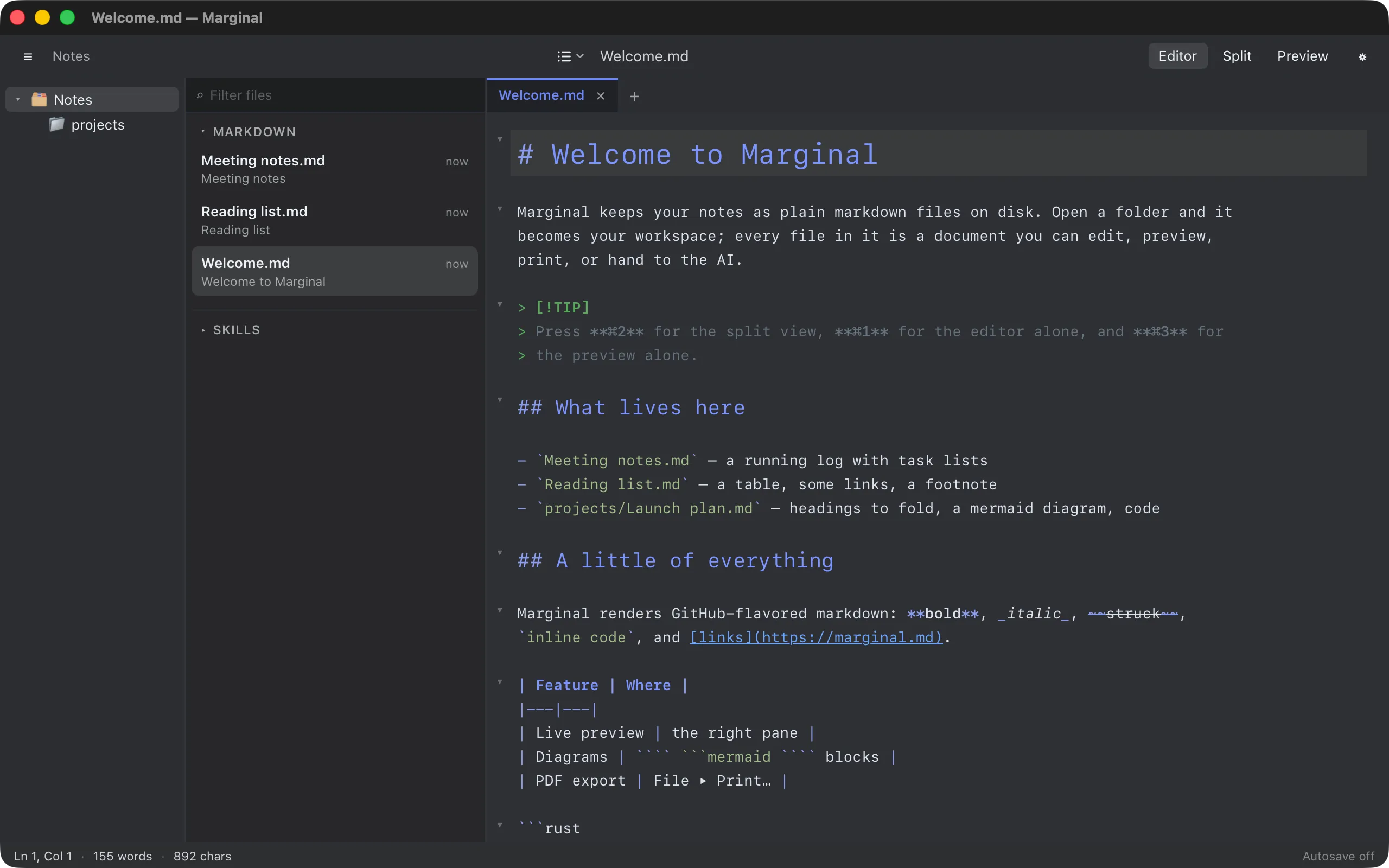 The editor alone, showing a markdown document with highlighted headings, a tip block, and a table