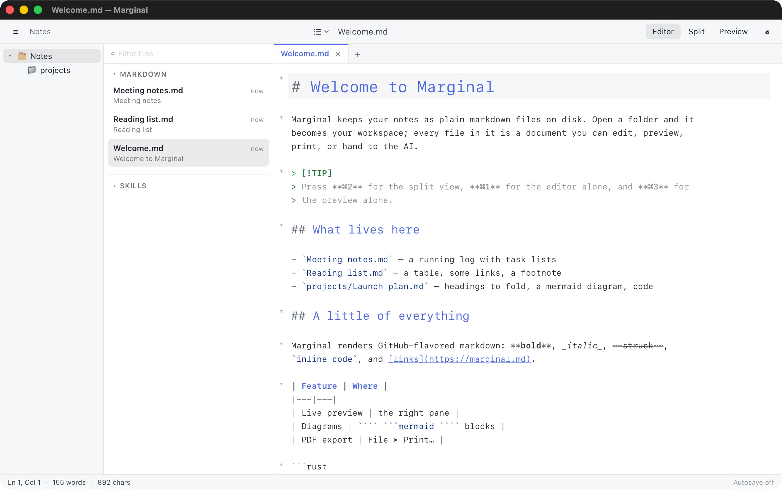 The editor alone, showing a markdown document with highlighted headings, a tip block, and a table