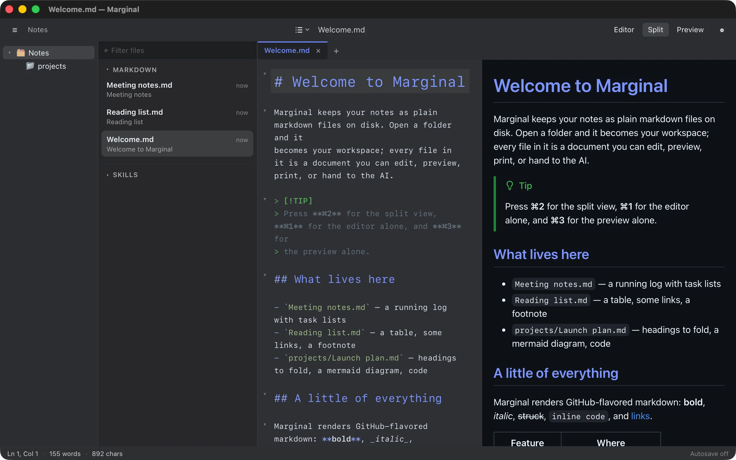 The file list showing three markdown files with their titles and modification times
