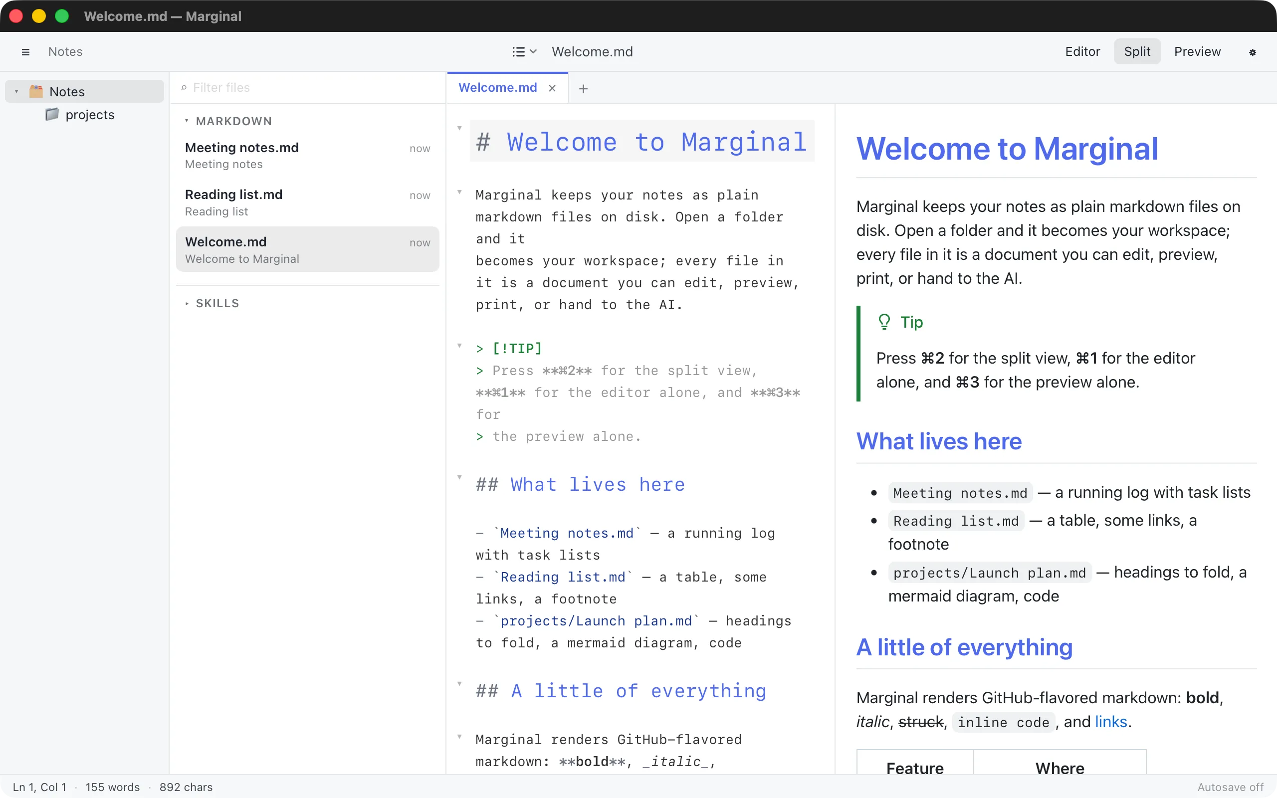 The file list showing three markdown files with their titles and modification times