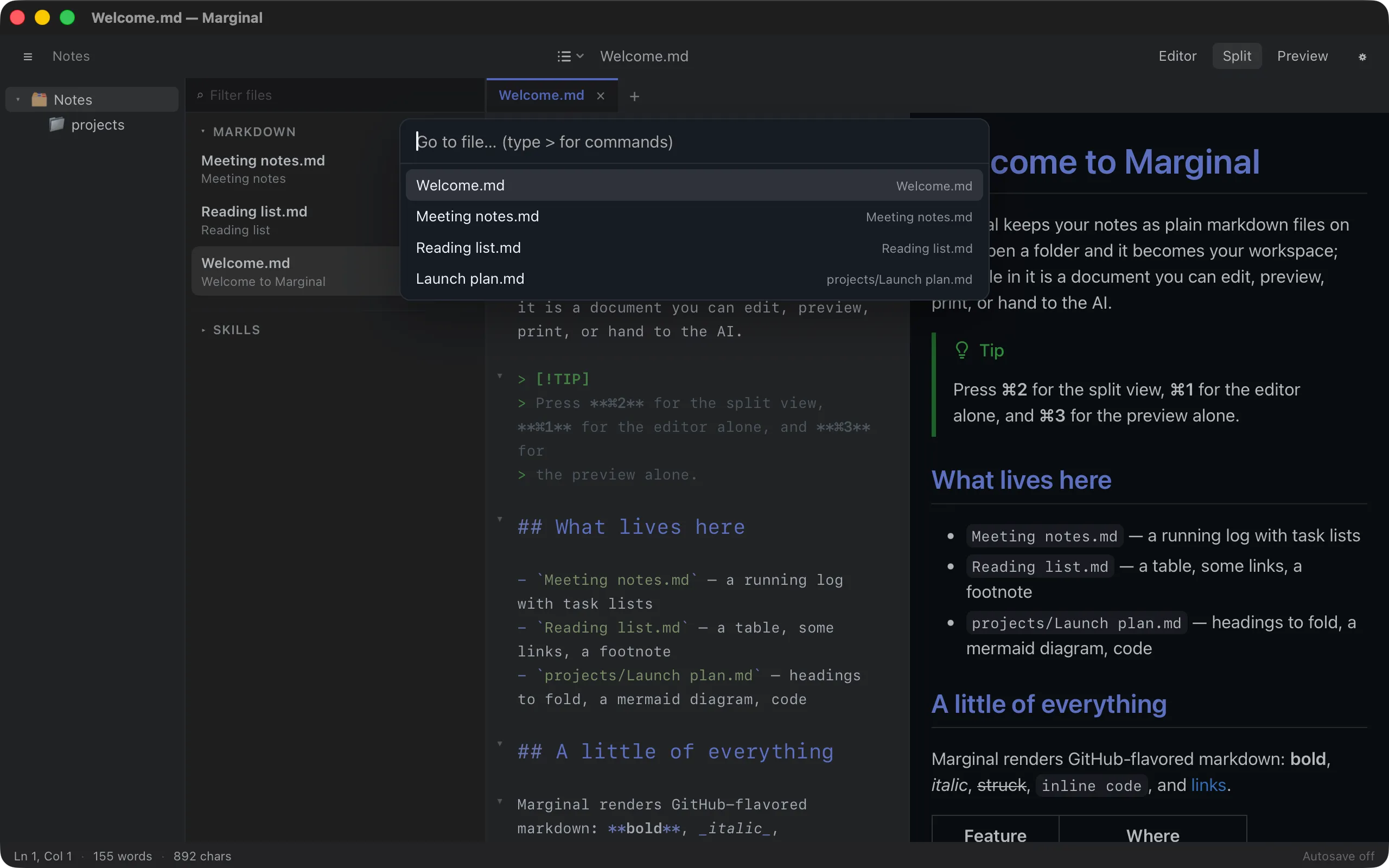 The Go to File panel listing recent files
