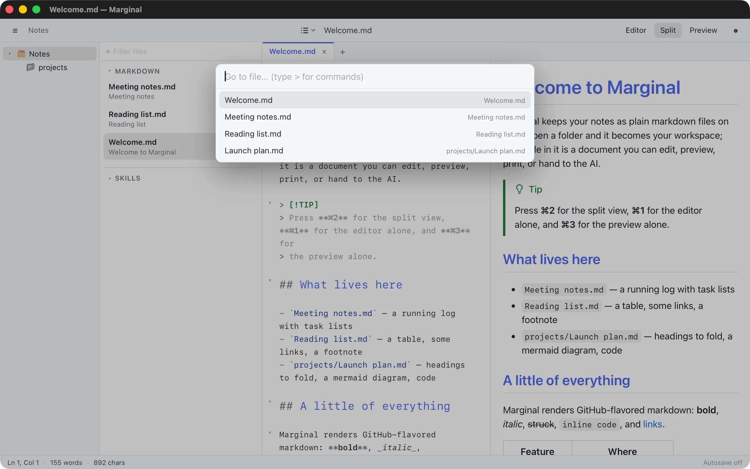 The Go to File panel listing recent files