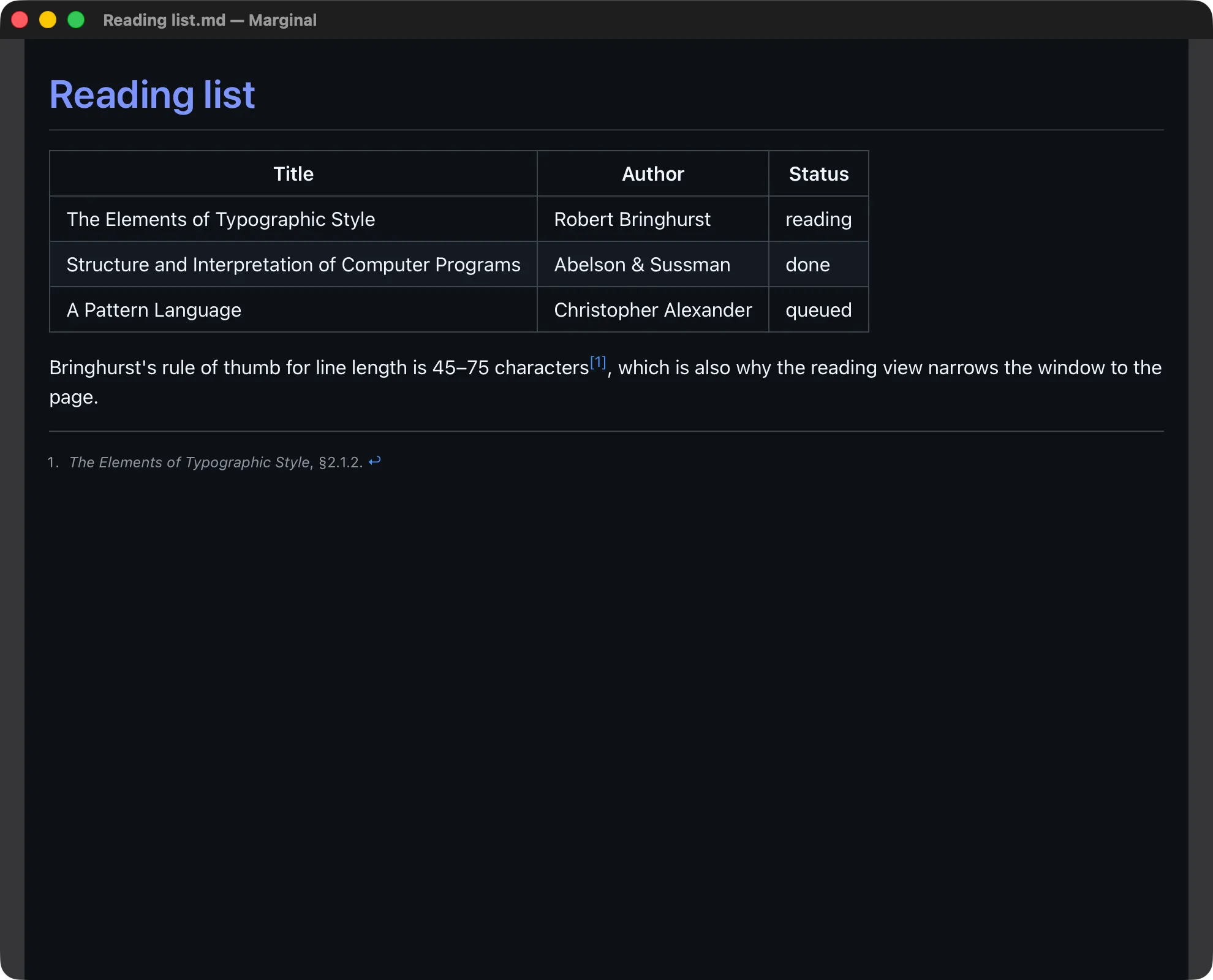 The reading view: a rendered document in a window with no editor chrome