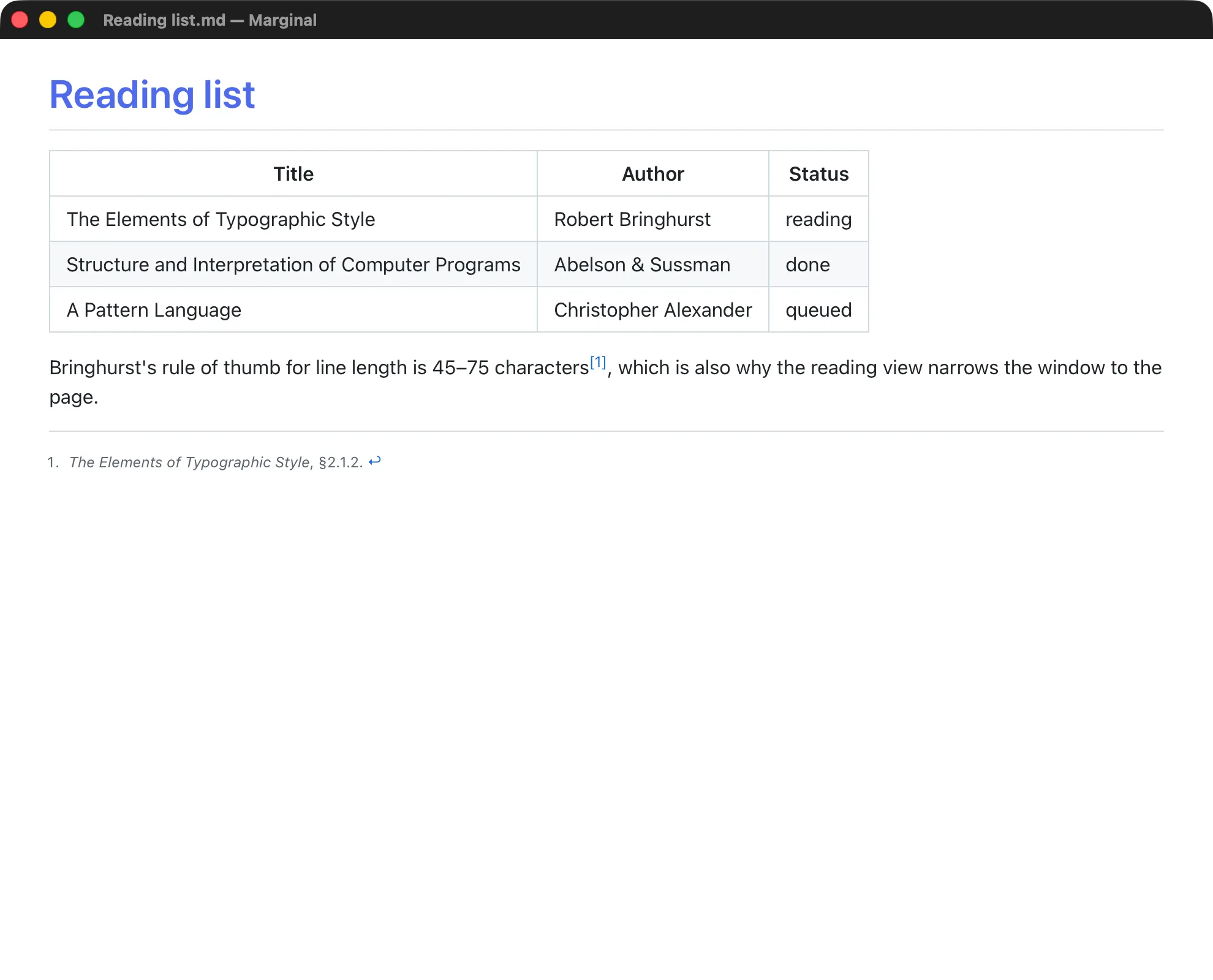 The reading view: a rendered document in a window with no editor chrome