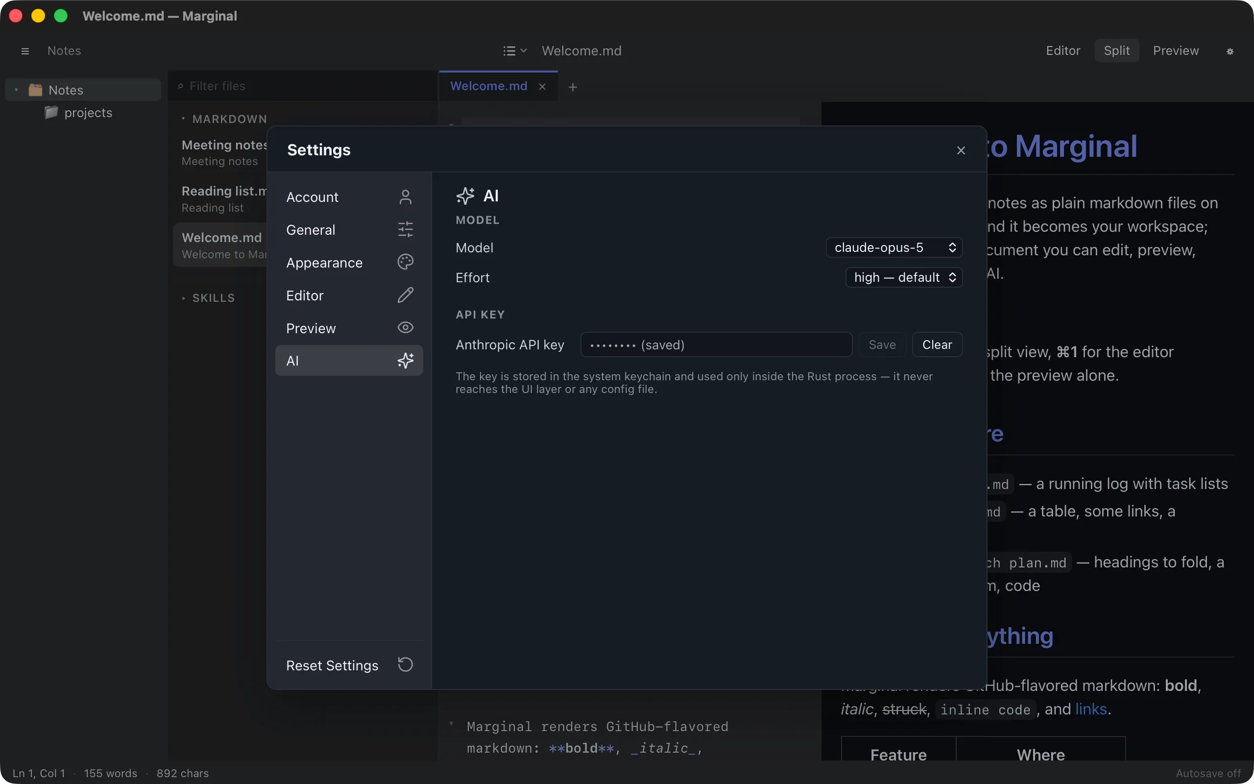 The AI tab of Settings