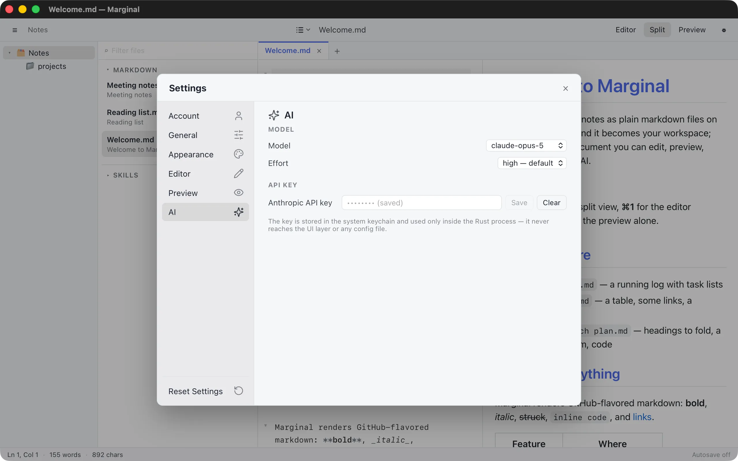 The AI tab of Settings