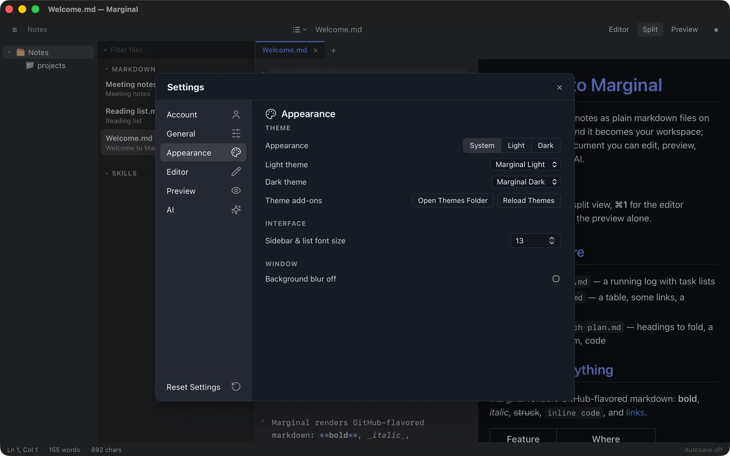 The Appearance tab of Settings