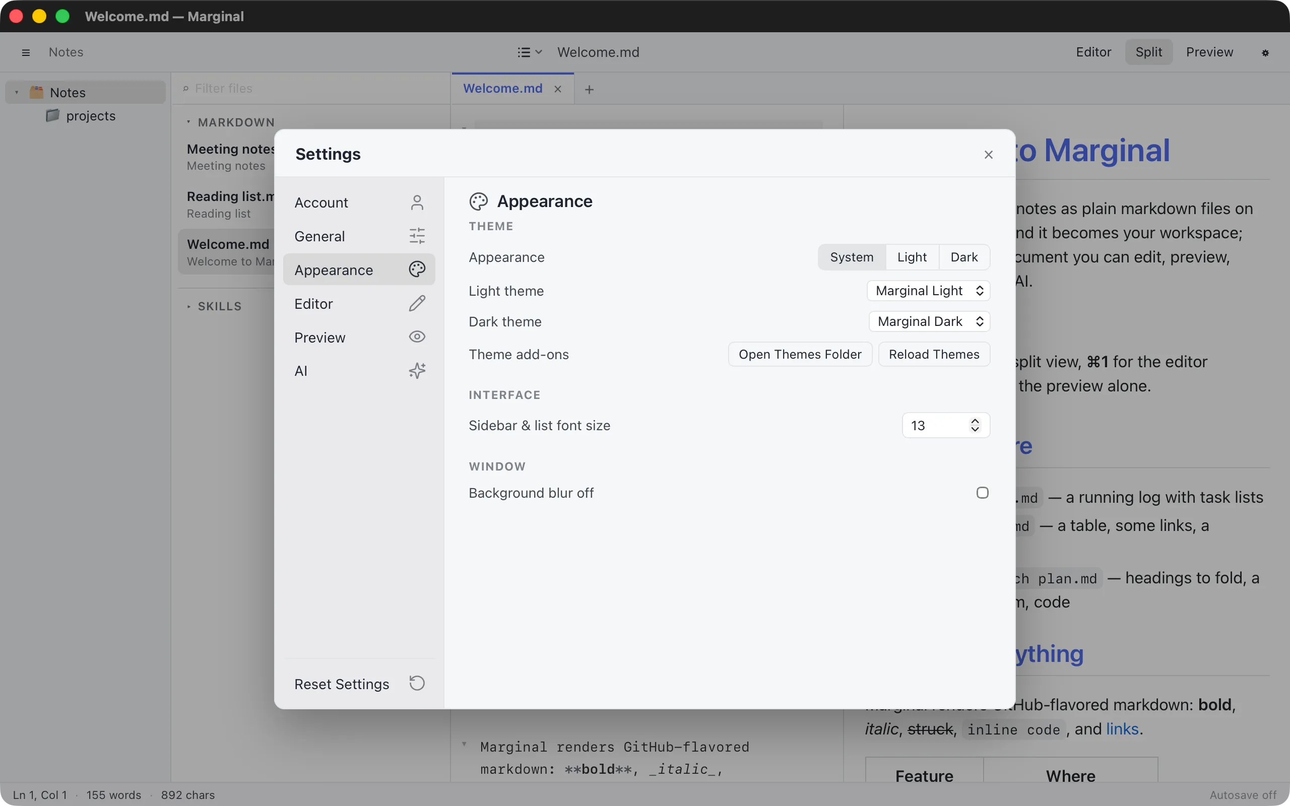 The Appearance tab of Settings
