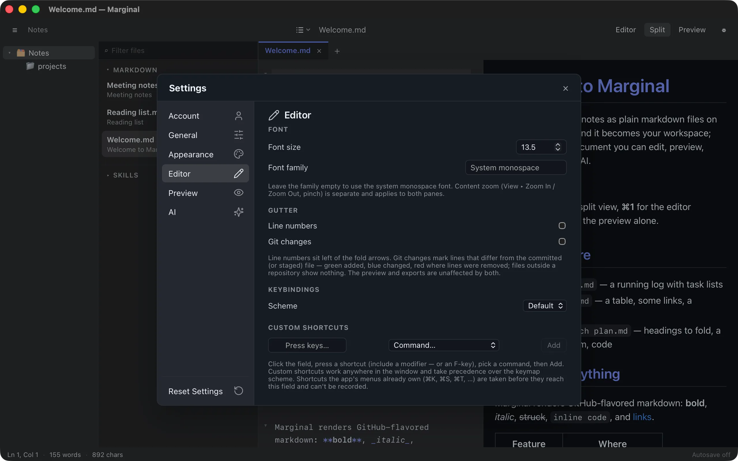 The Editor tab of Settings