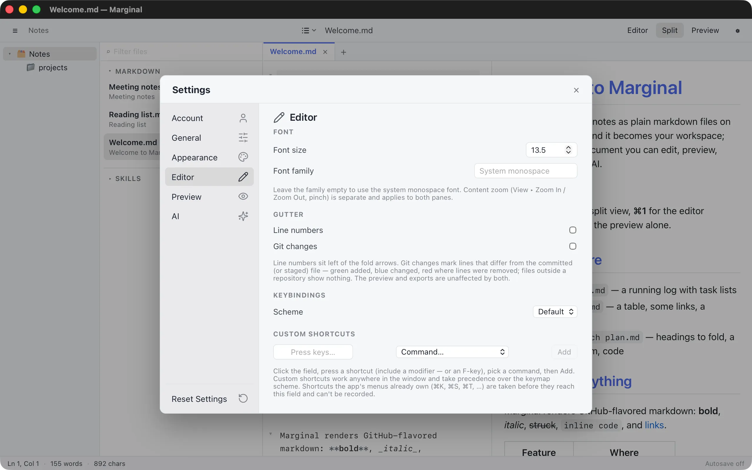 The Editor tab of Settings