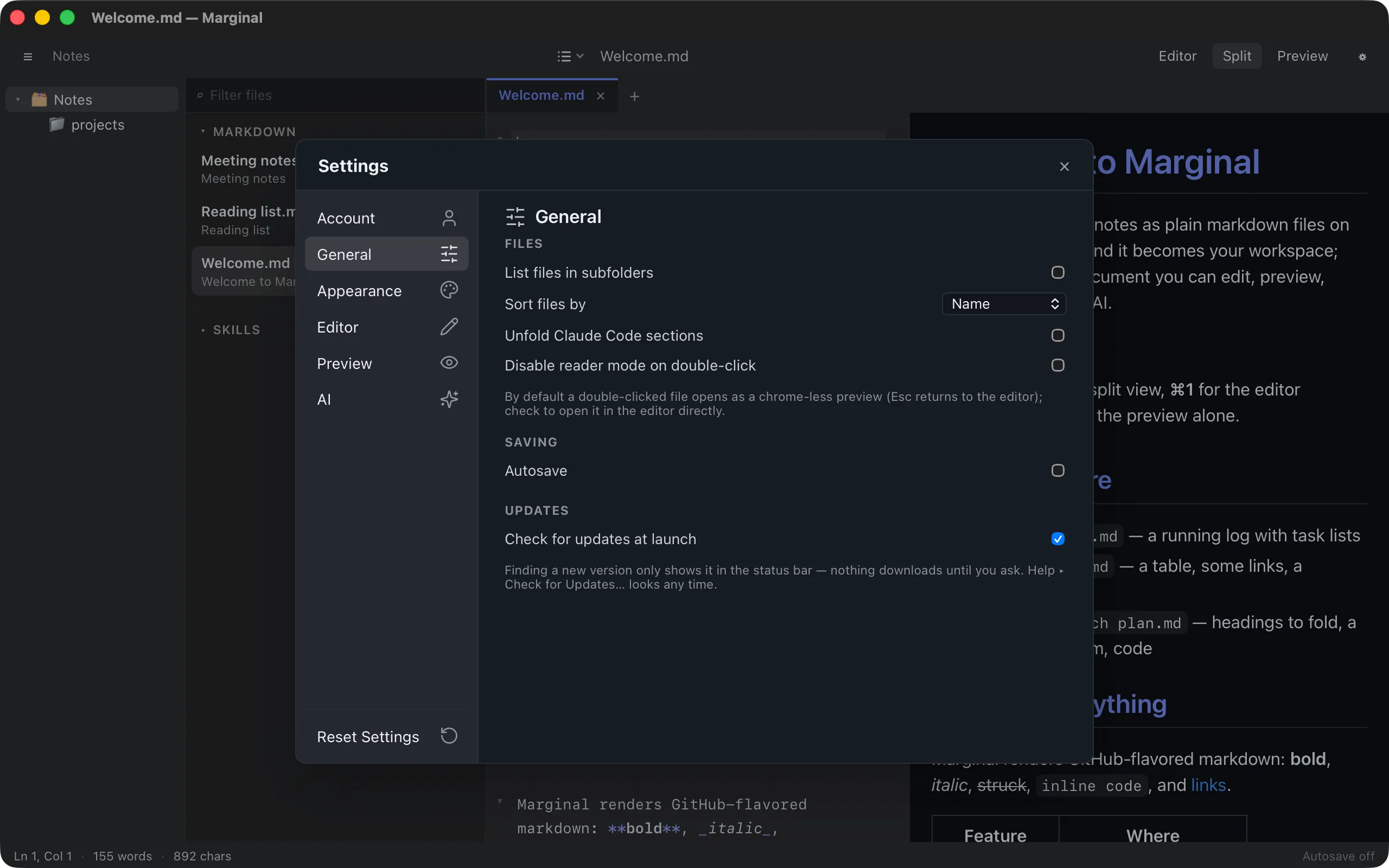 The General tab of Settings