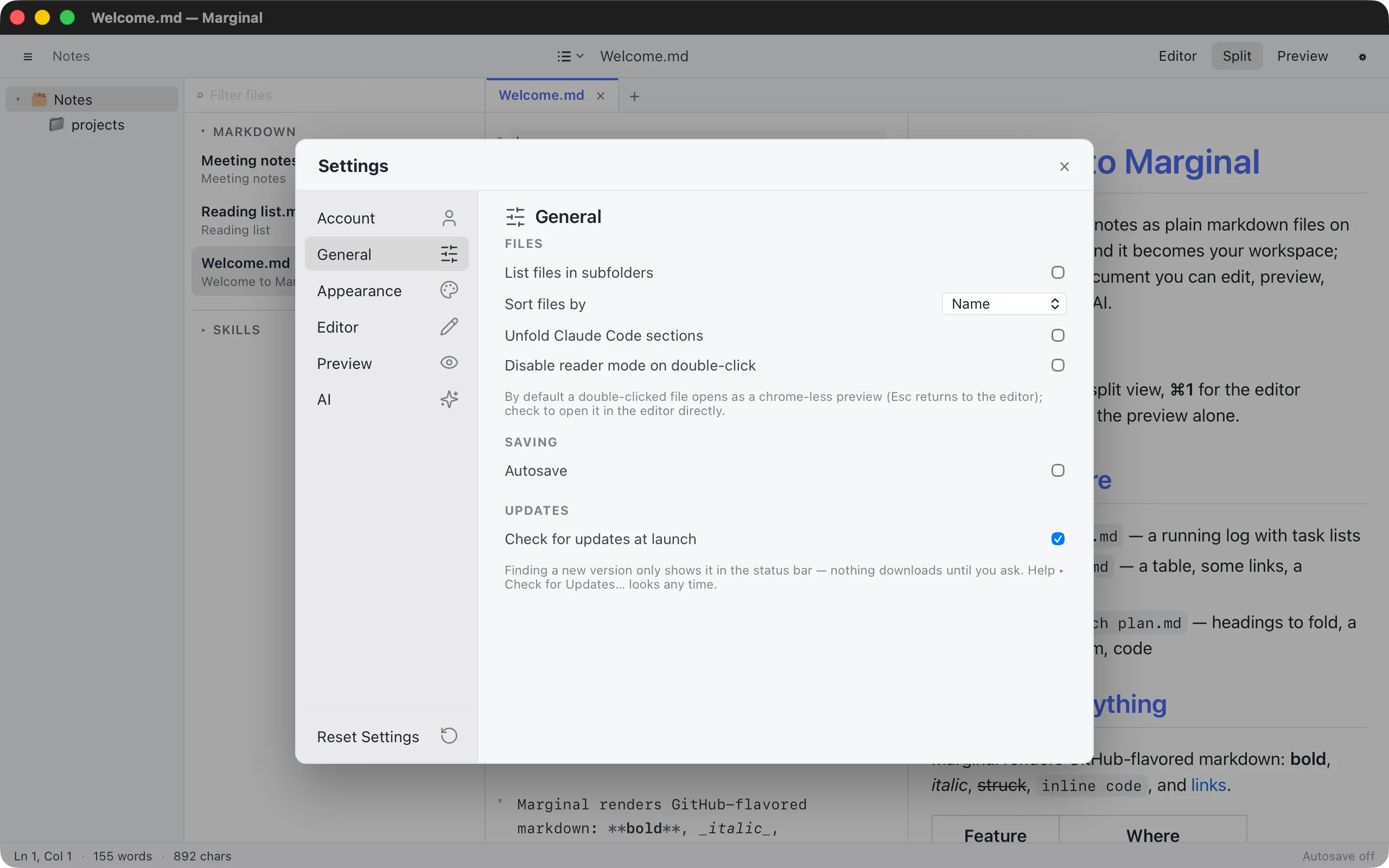 The General tab of Settings