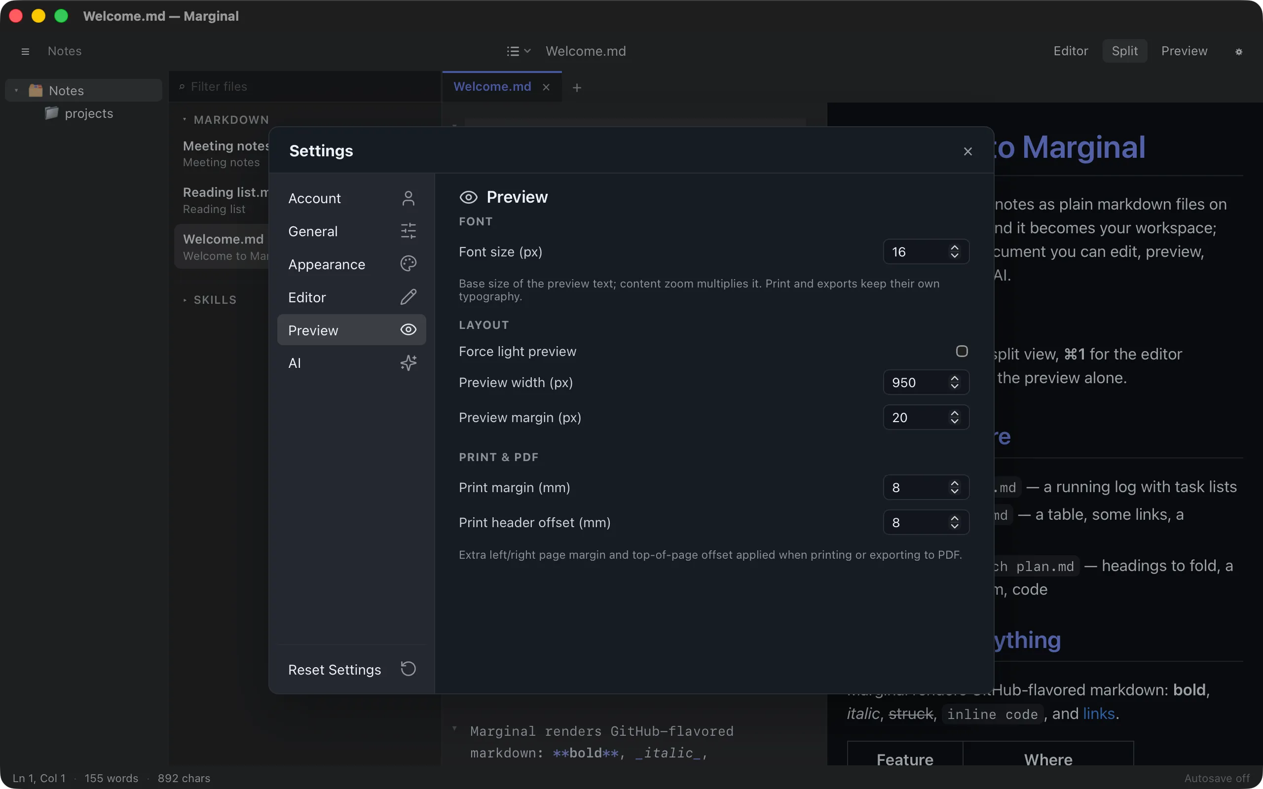 The Preview tab of Settings
