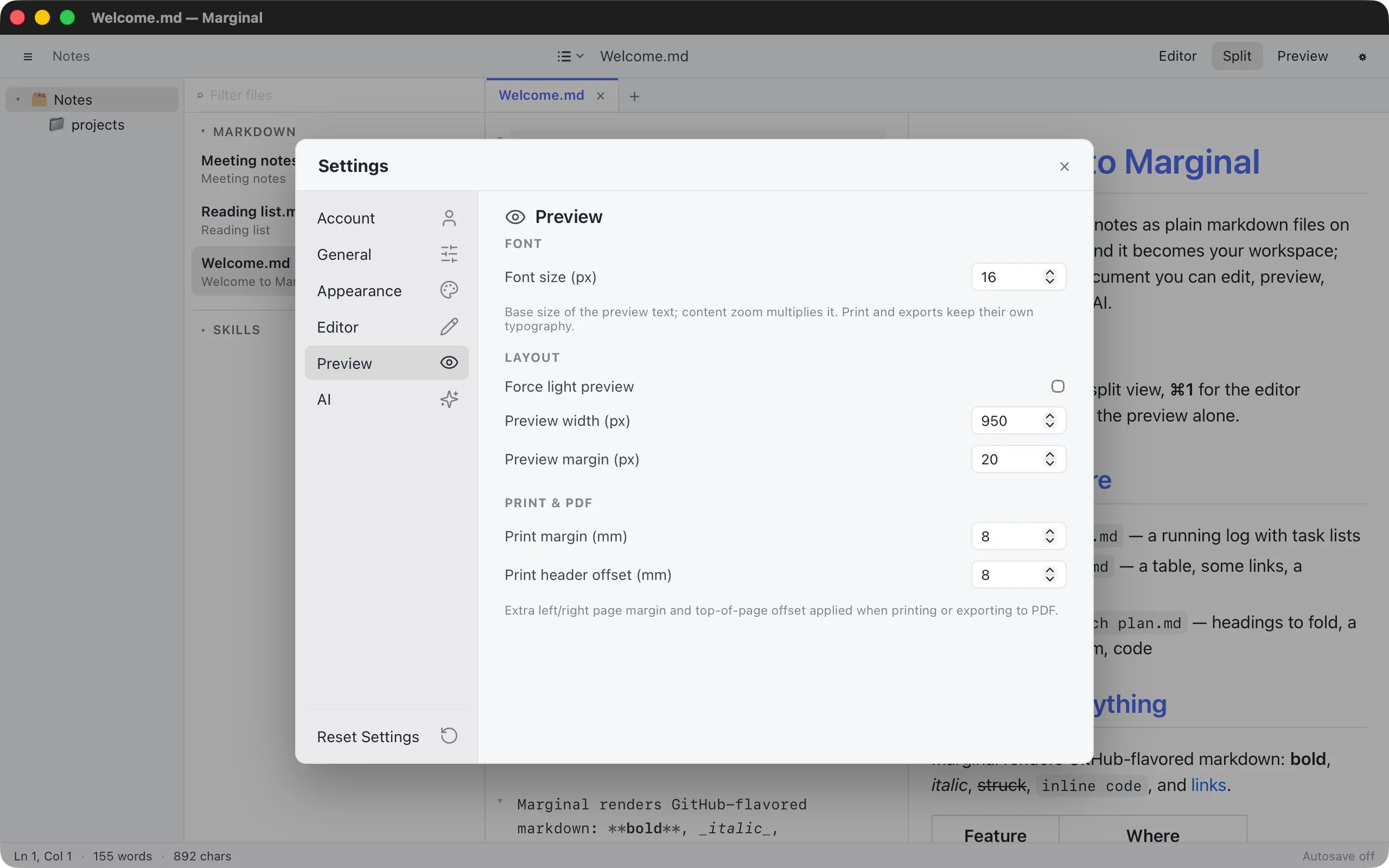 The Preview tab of Settings