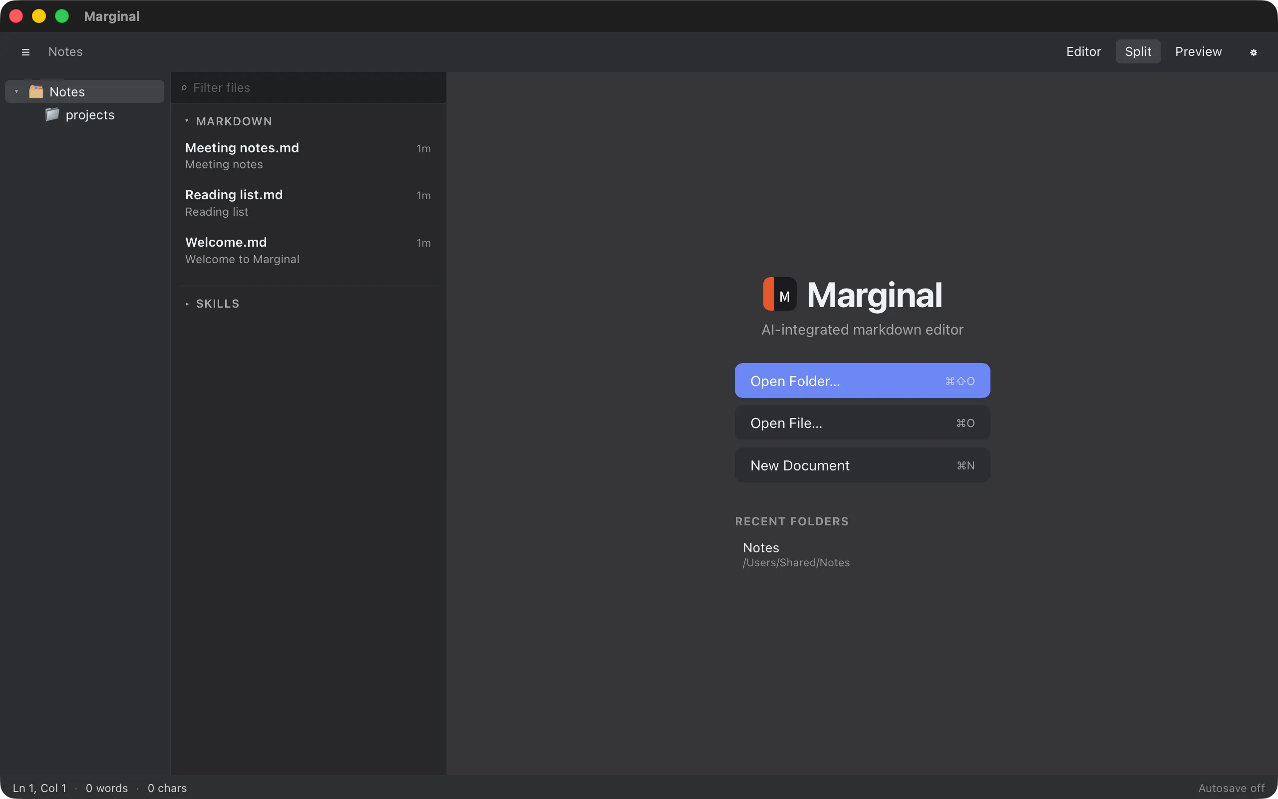 The Welcome screen with Open Folder, Open File, and New Document buttons and a list of recent folders