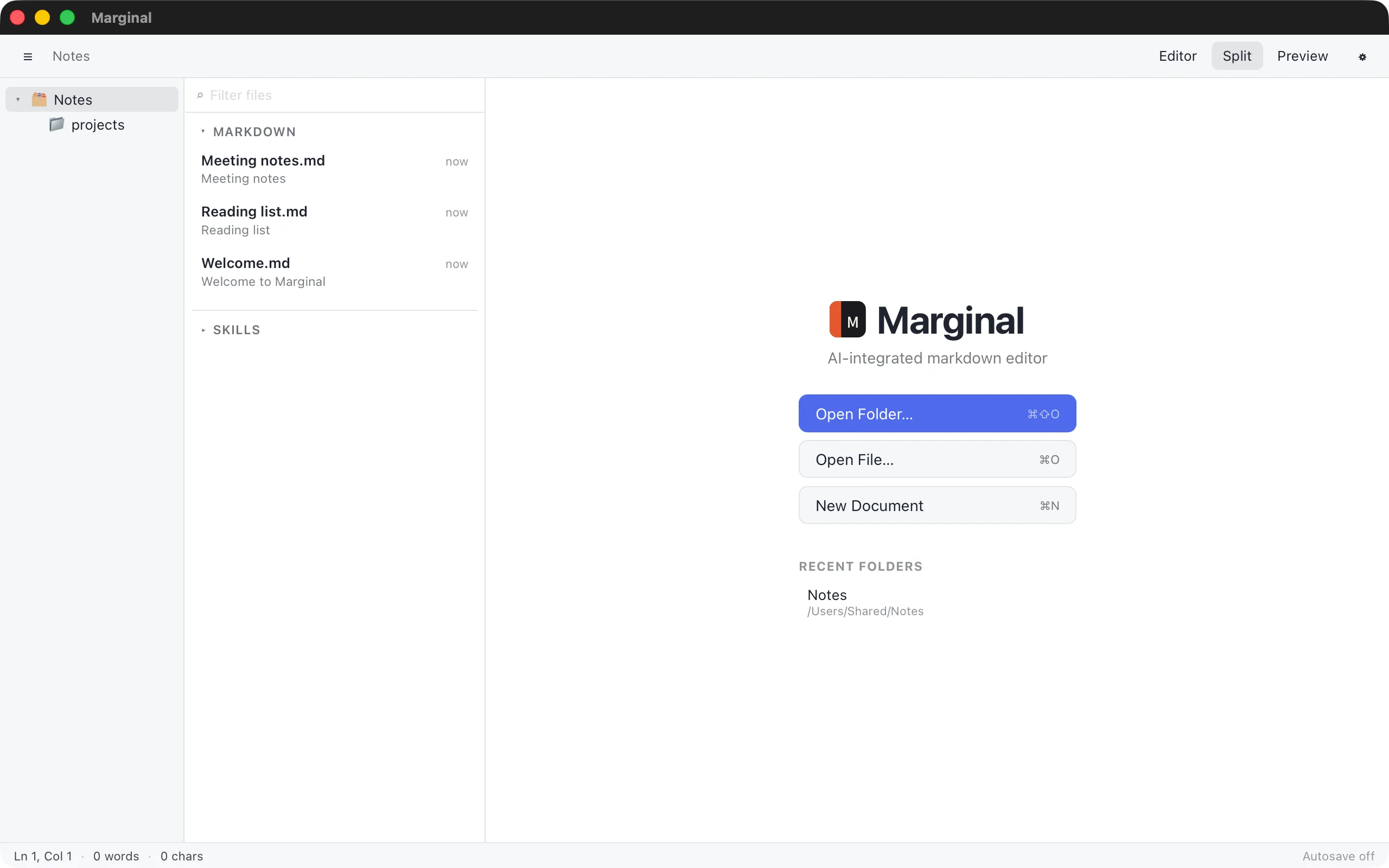The Welcome screen with Open Folder, Open File, and New Document buttons and a list of recent folders
